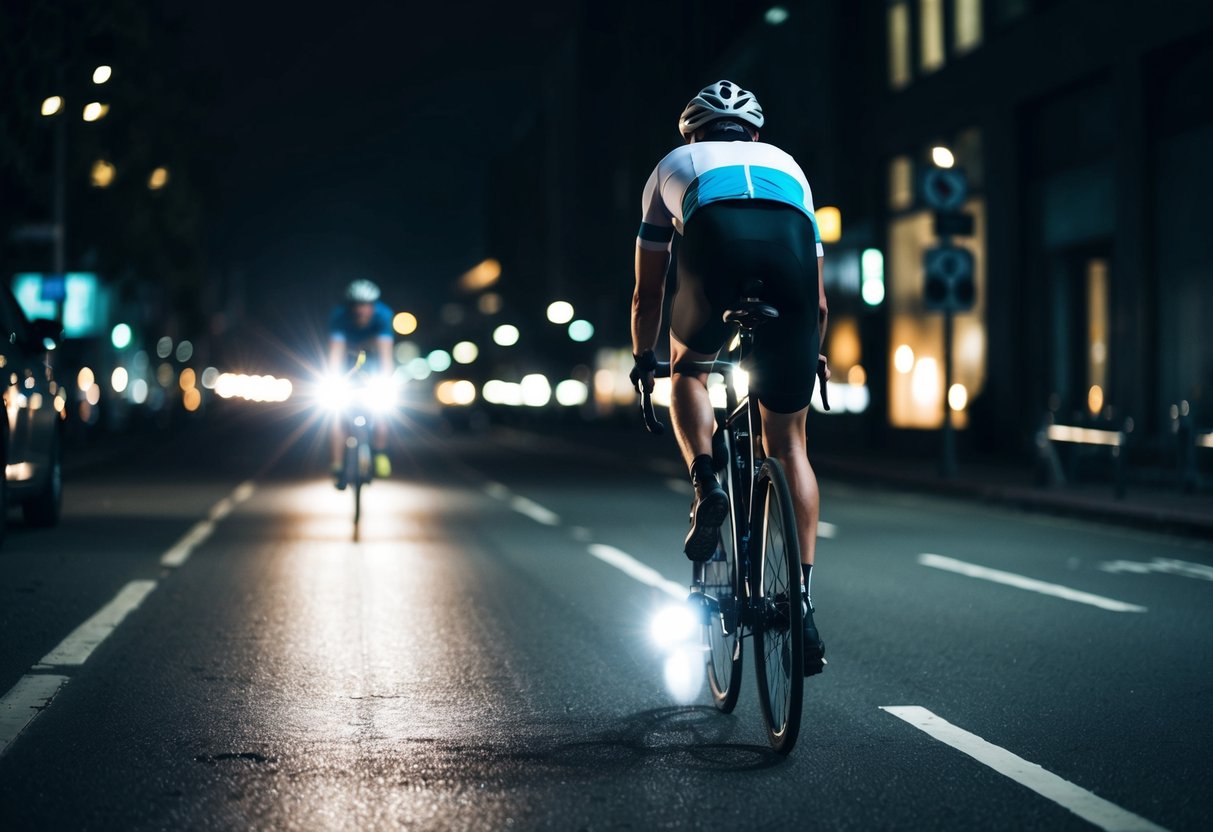 A cyclist rides through a dark city street, their high-visibility bike lights illuminating the path ahead. The lights flash and glow, ensuring the cyclist's safety as they navigate through the urban landscape