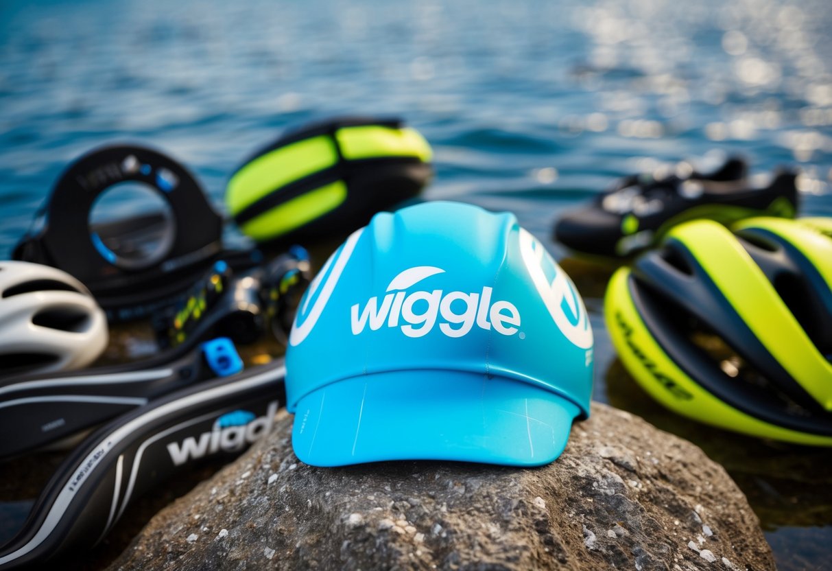 A swim cap with the Wiggle logo sits on a rock by the water, surrounded by cycling, running, hiking, and swimming gear