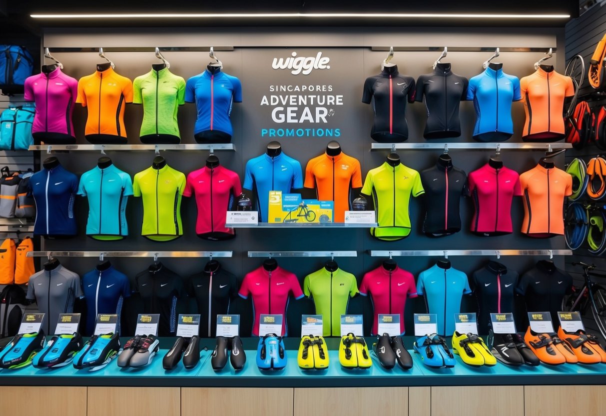 A vibrant display of cycling, running, hiking, and swimming gear at Wiggle's Adventure Gear promotions in Singapore