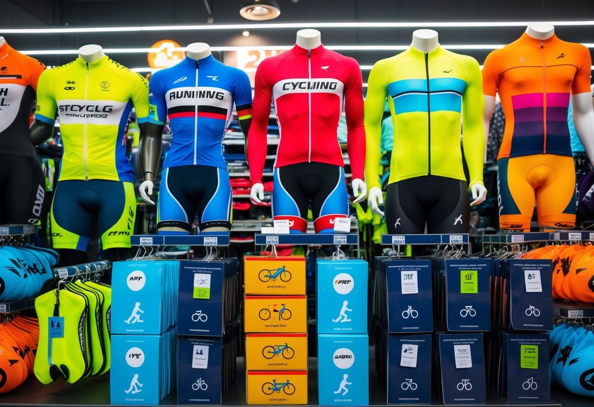 A vibrant display of cycling, running, hiking, and swimming gear on sale in a Singaporean store