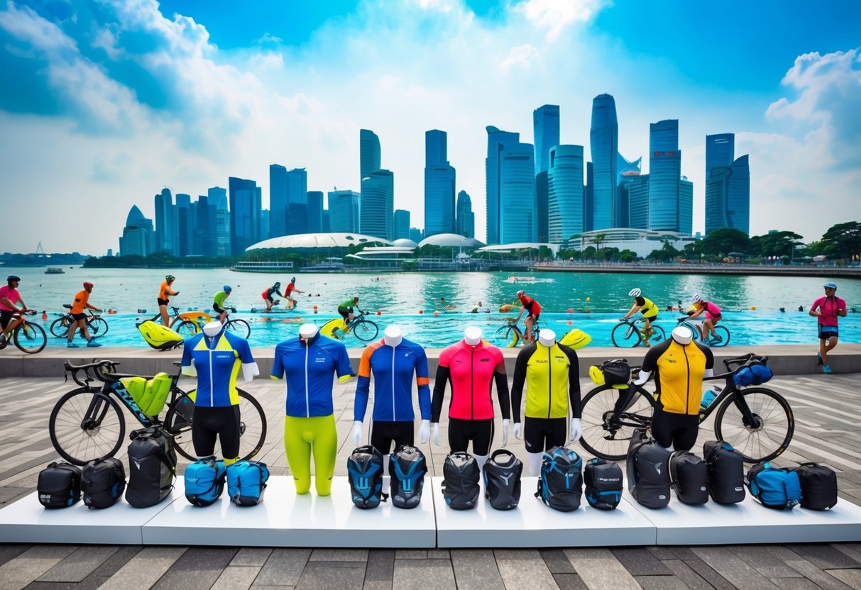A vibrant display of outdoor gear set against the backdrop of Singapore's iconic skyline, with cyclists, runners, hikers, and swimmers enjoying the city's scenic routes