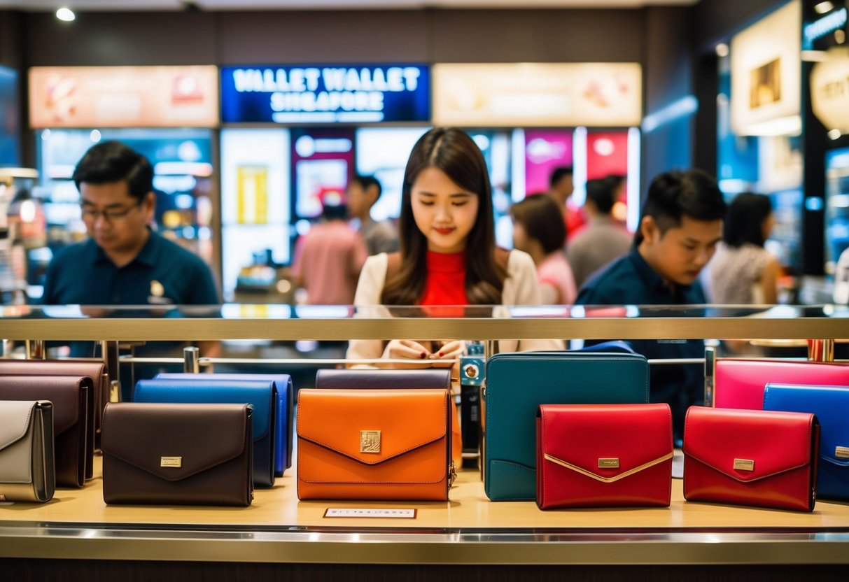A bustling wallet shop in Singapore with vibrant promotional displays and customers browsing