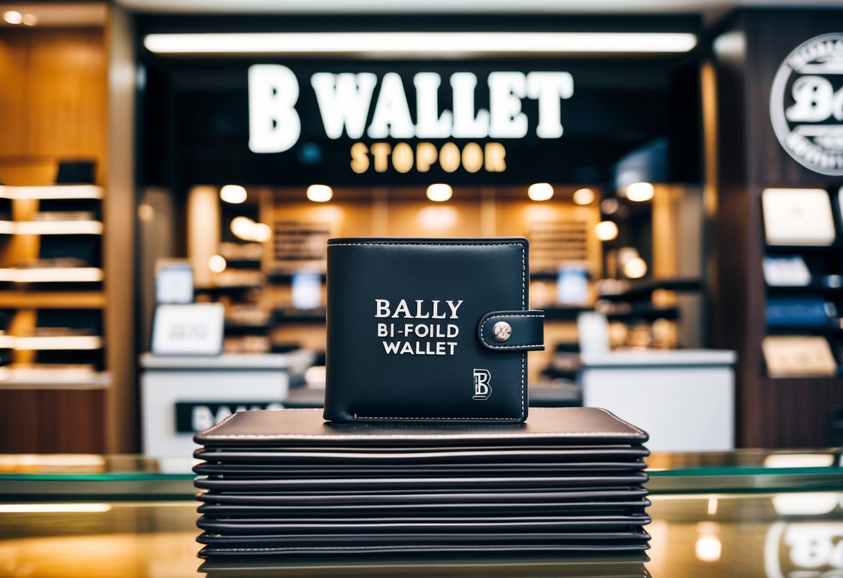 A bustling wallet shop in Singapore displays Bally Bi-Fold Wallet promotions