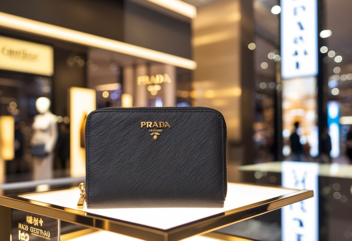 A sleek Prada Saffiano Leather Wallet displayed in a high-end shop window amidst Singapore's bustling shopping district, with promotional signs catching the eye