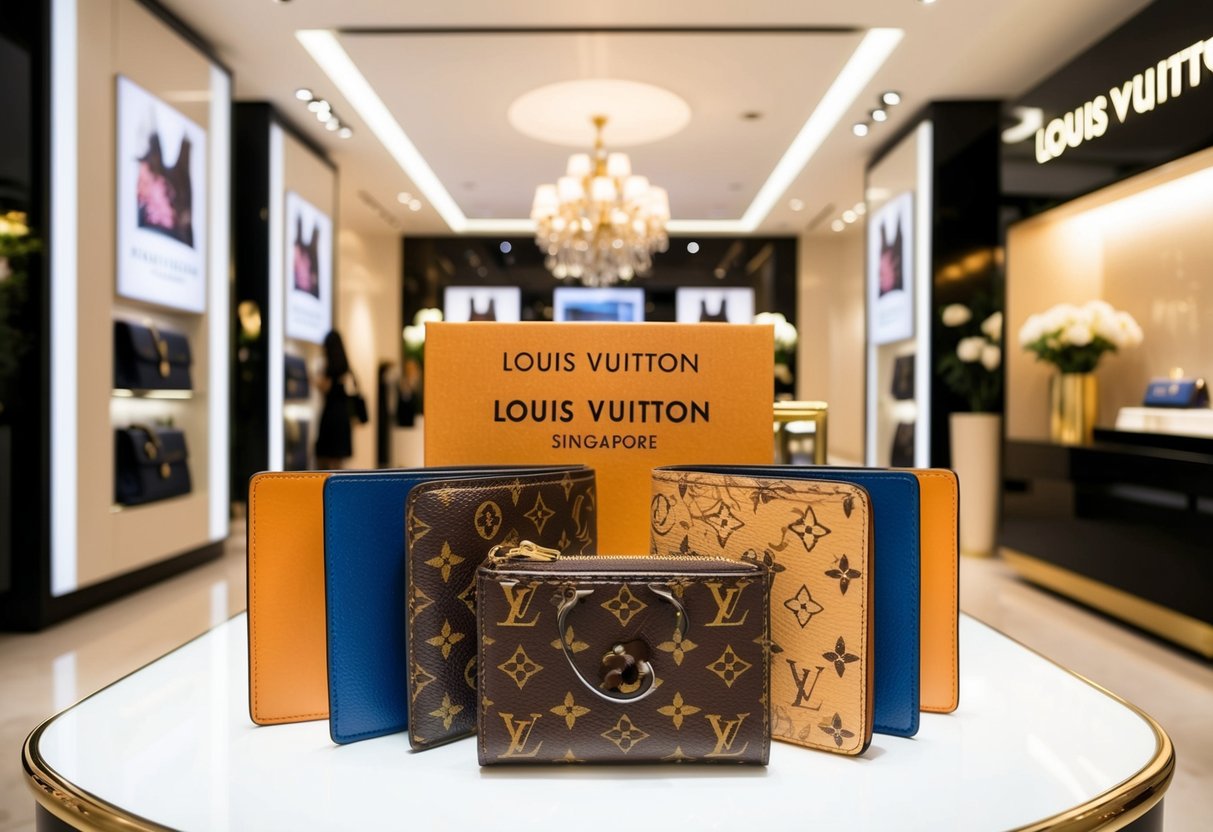A luxurious Louis Vuitton Multiple Wallet displayed in a high-end shop in Singapore, surrounded by promotional signs and elegant decor