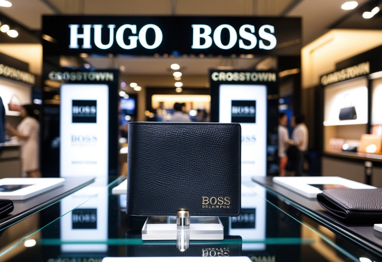 A sleek Hugo Boss Crosstown Wallet on display in a bustling Singapore shop, surrounded by promotional signs