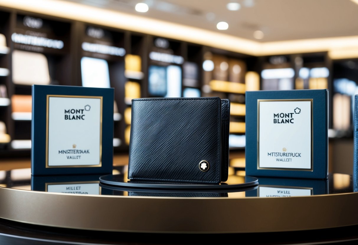 A luxurious Montblanc Meisterstück Wallet displayed among other promotions in a high-end wallet shop in Singapore