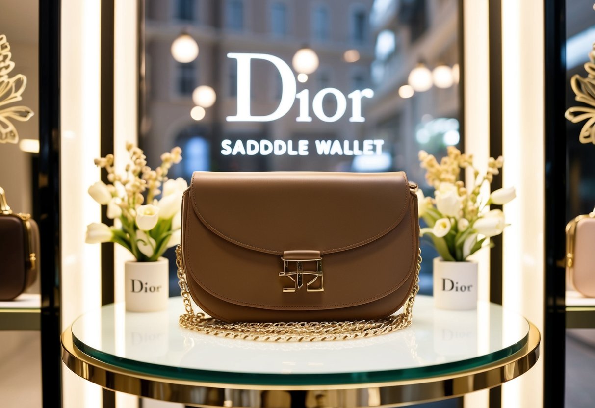 A luxurious Dior Saddle Wallet displayed in a chic Singapore shop window, surrounded by elegant promotional decor
