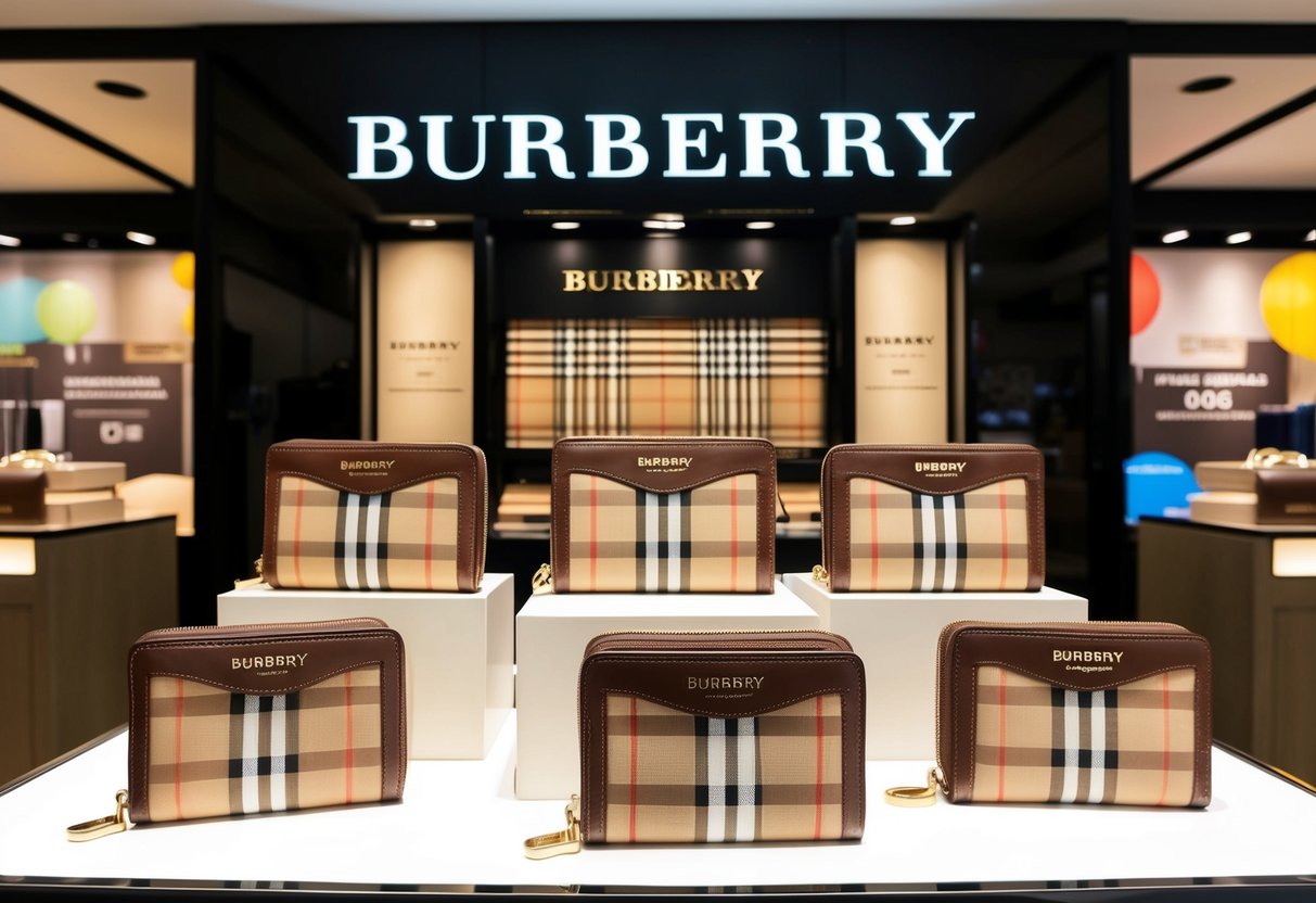 A display of Burberry Vintage Check Wallets in a Singapore shop, surrounded by promotional signs and banners