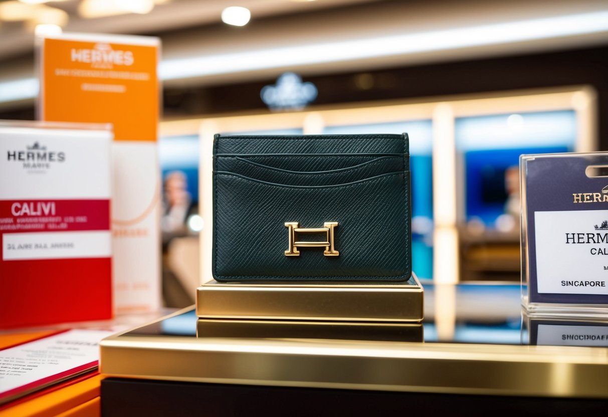 A sleek Hermès Calvi Card Holder wallet displayed among shop promotions in Singapore