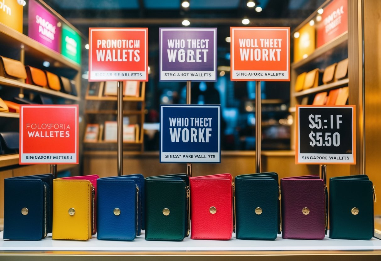 A display of colorful wallets with promotional signs in a Singapore shop window