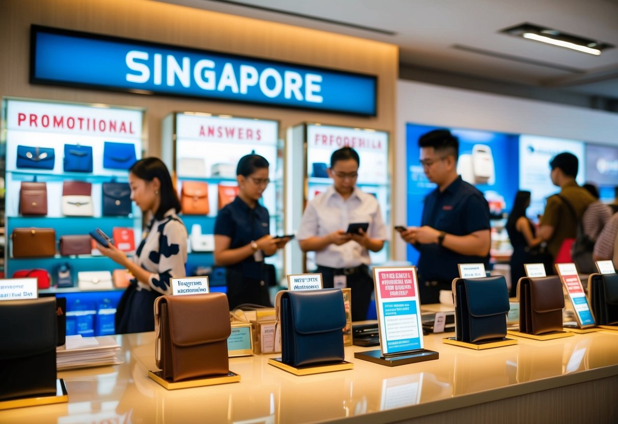 A bustling Singapore wallet shop with promotional displays and customers seeking answers to frequently asked questions