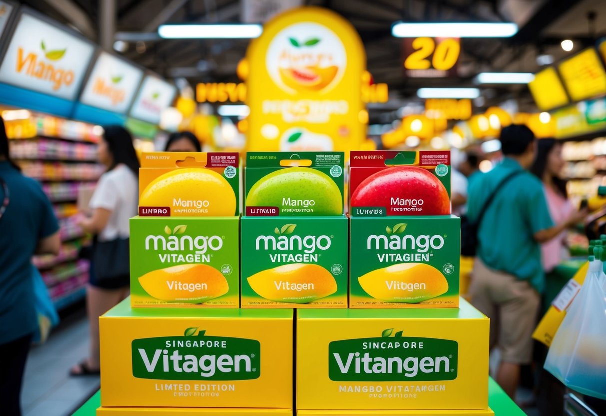 A vibrant display of limited edition Mango Vitagen promotions in a bustling Singapore market