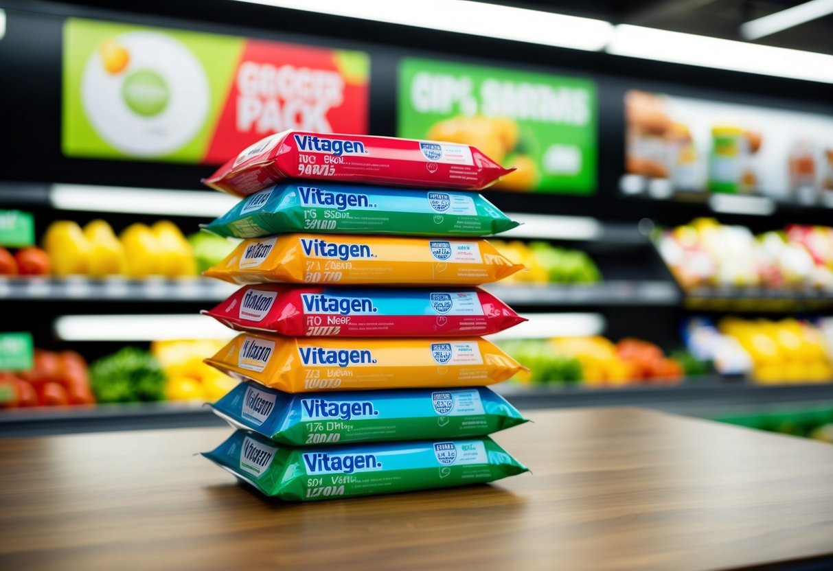 A stack of discounted Vitagen packs displayed on a virtual grocery store website, with a promotional banner and online ordering options