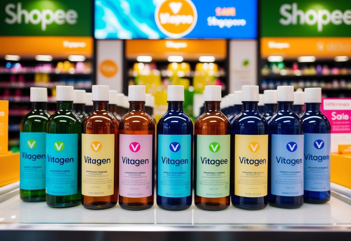 A colorful display of Vitagen bottles and promotional banners at a Shopee Singapore sale