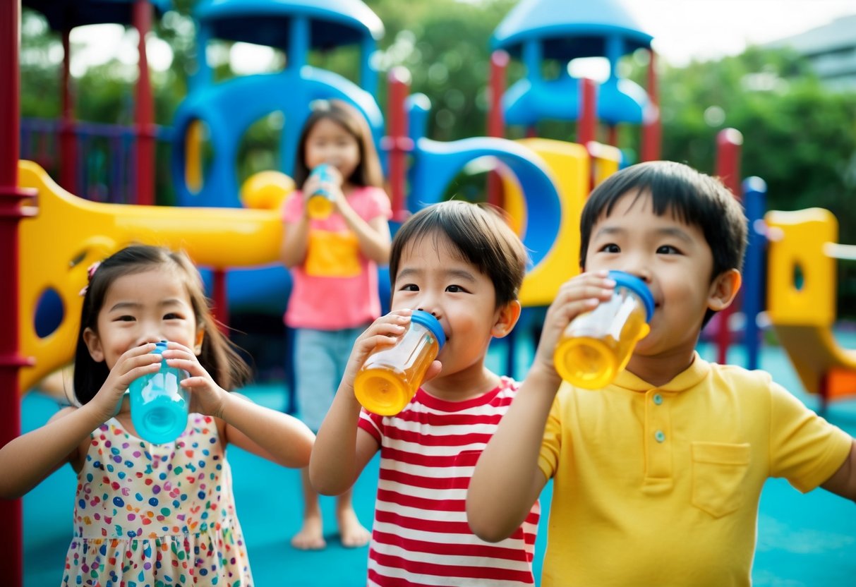 A group of children happily drinking Vitagen while playing in a colorful playground in Singapore