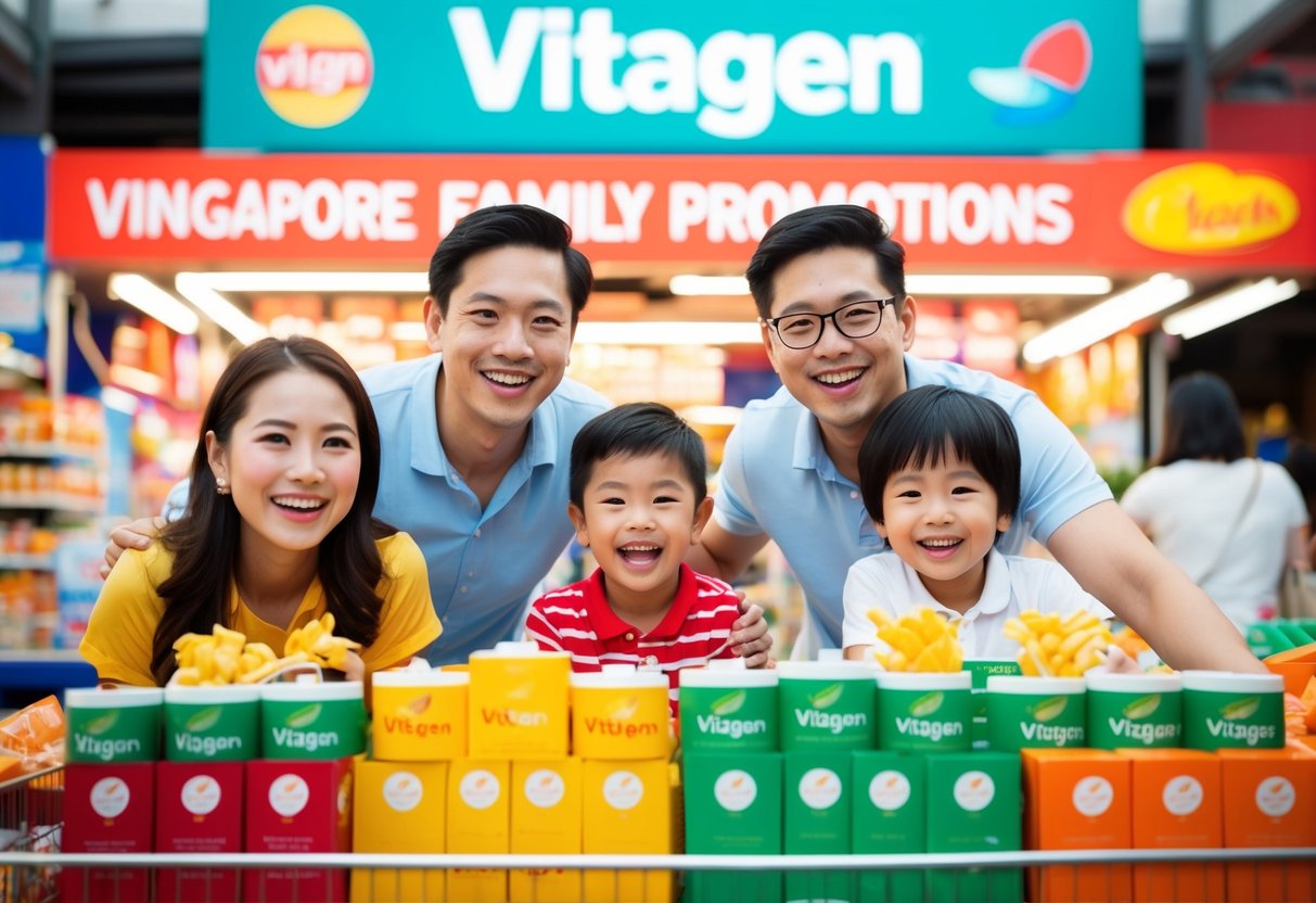 A cheerful family enjoying Vitagen promotions in a vibrant Singapore market