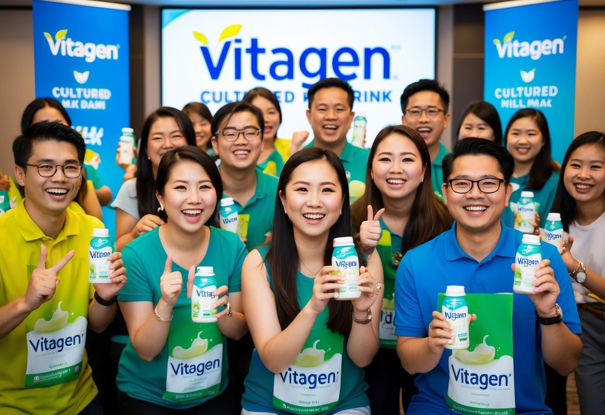 A group of people in Singapore eagerly participating in promotions for Vitagen, a cultured milk drink, with colorful banners and giveaways