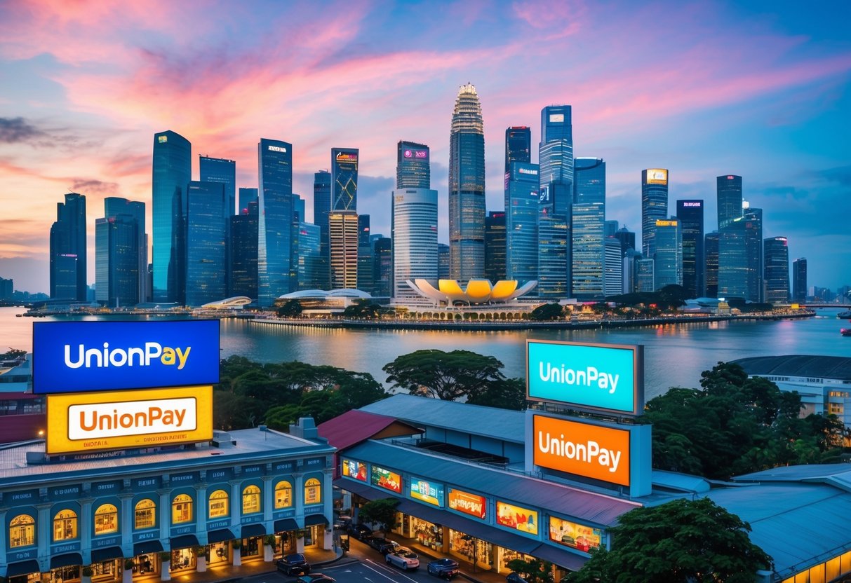 A vibrant cityscape of Singapore with iconic landmarks and UnionPay logos displayed prominently on various storefronts and billboards