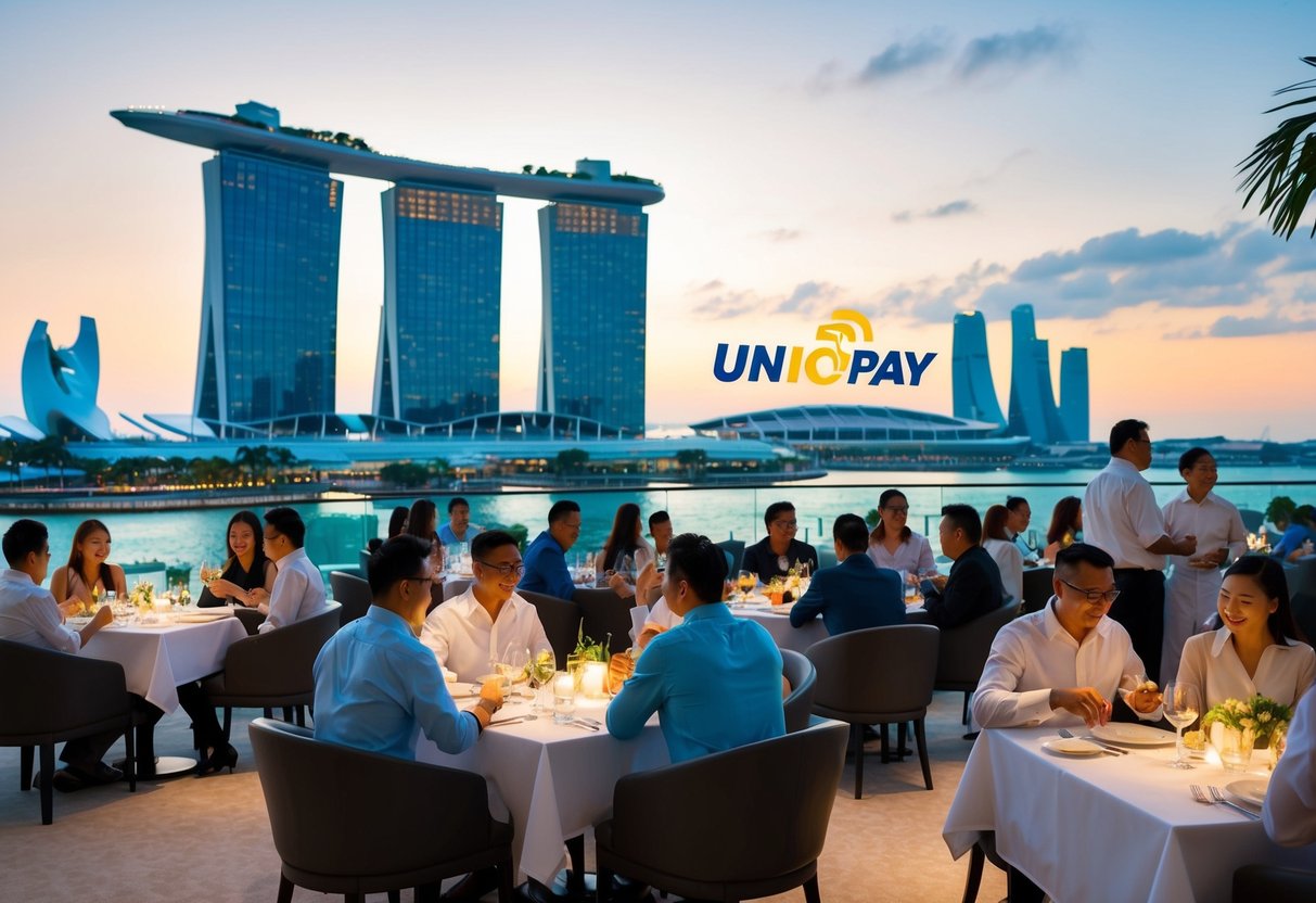 A bustling restaurant at Marina Bay Sands, with UnionPay logos and diners enjoying exclusive dining deals