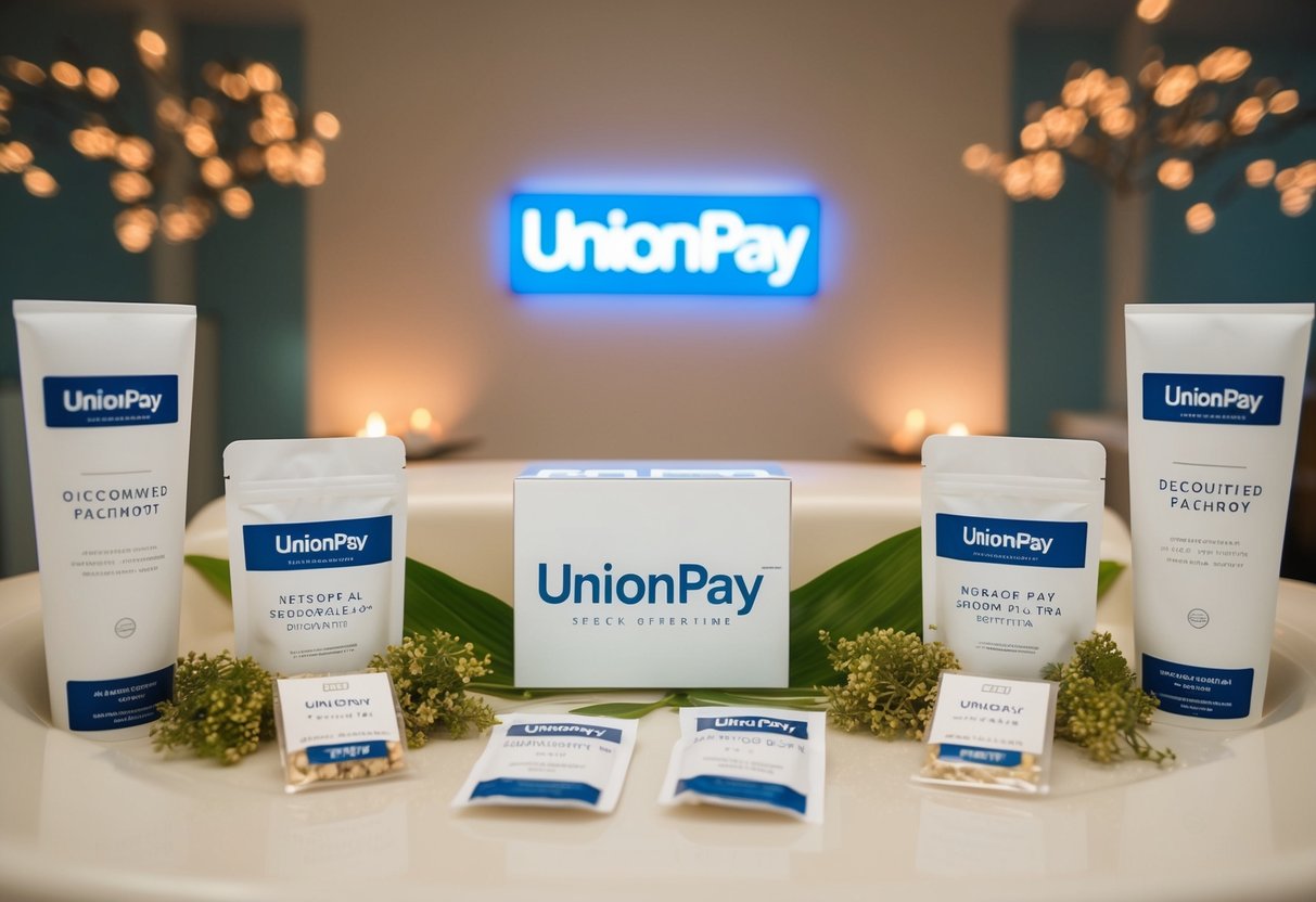 A serene spa setting with UnionPay logo displayed, surrounded by various discounted package offerings