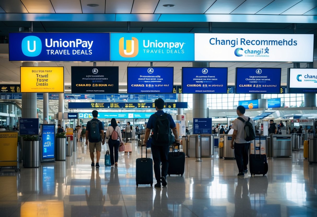 A bustling airport terminal with UnionPay Travel Deals signage and Changi Recommends promotions displayed