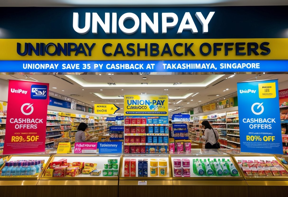 A vibrant display of UnionPay Cashback offers at Takashimaya, Singapore, with various promotional signs and products on shelves