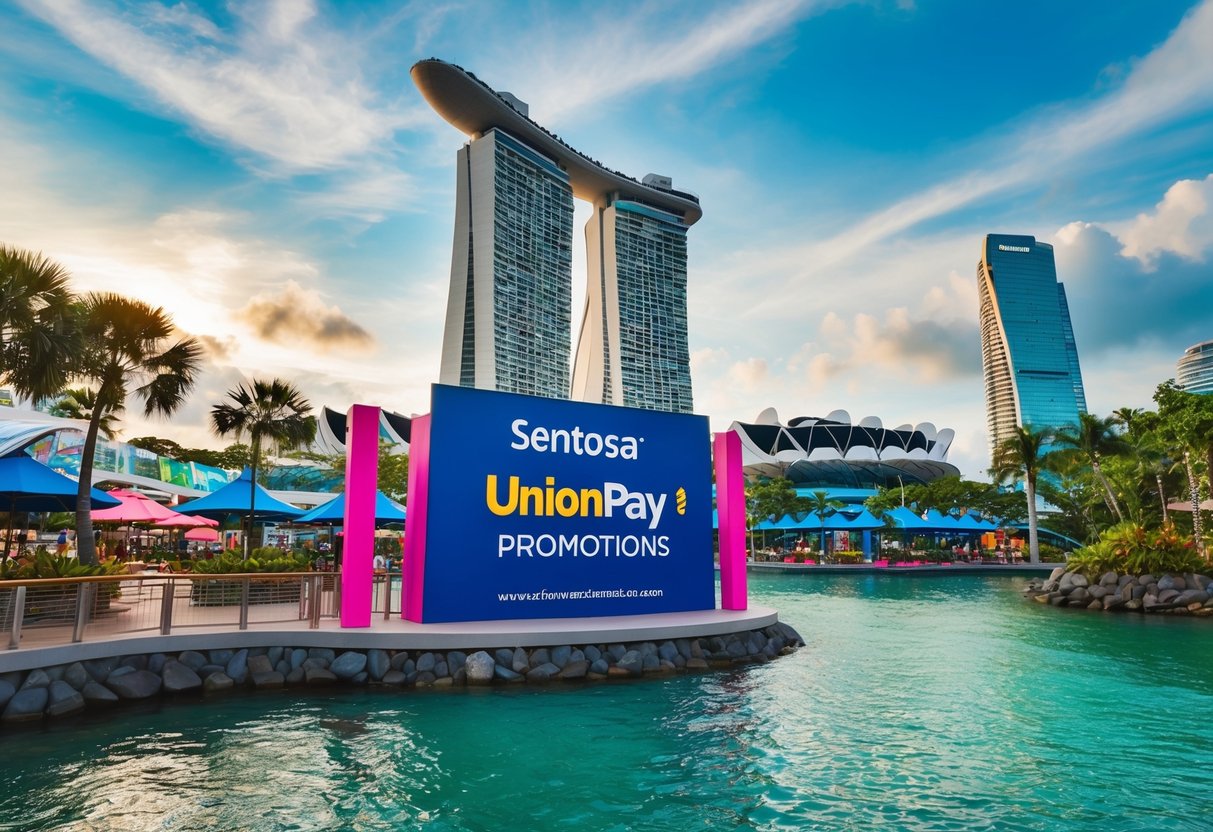 A vibrant scene at Sentosa with UnionPay promotions, featuring entertainment and attractions in Singapore