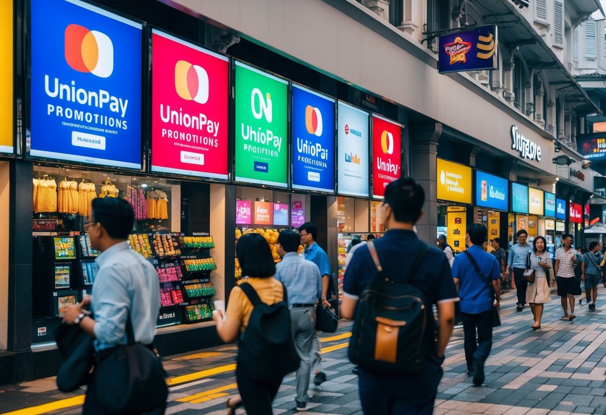 A bustling Singapore street with colorful UnionPay promotions displayed in shop windows and on billboards