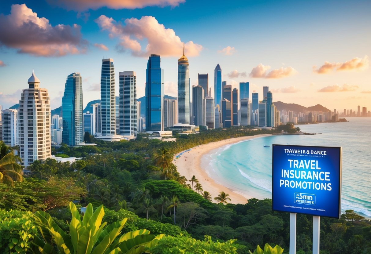 A vibrant city skyline with iconic landmarks, surrounded by tropical greenery and a beautiful beach, with a prominent display of travel insurance promotions