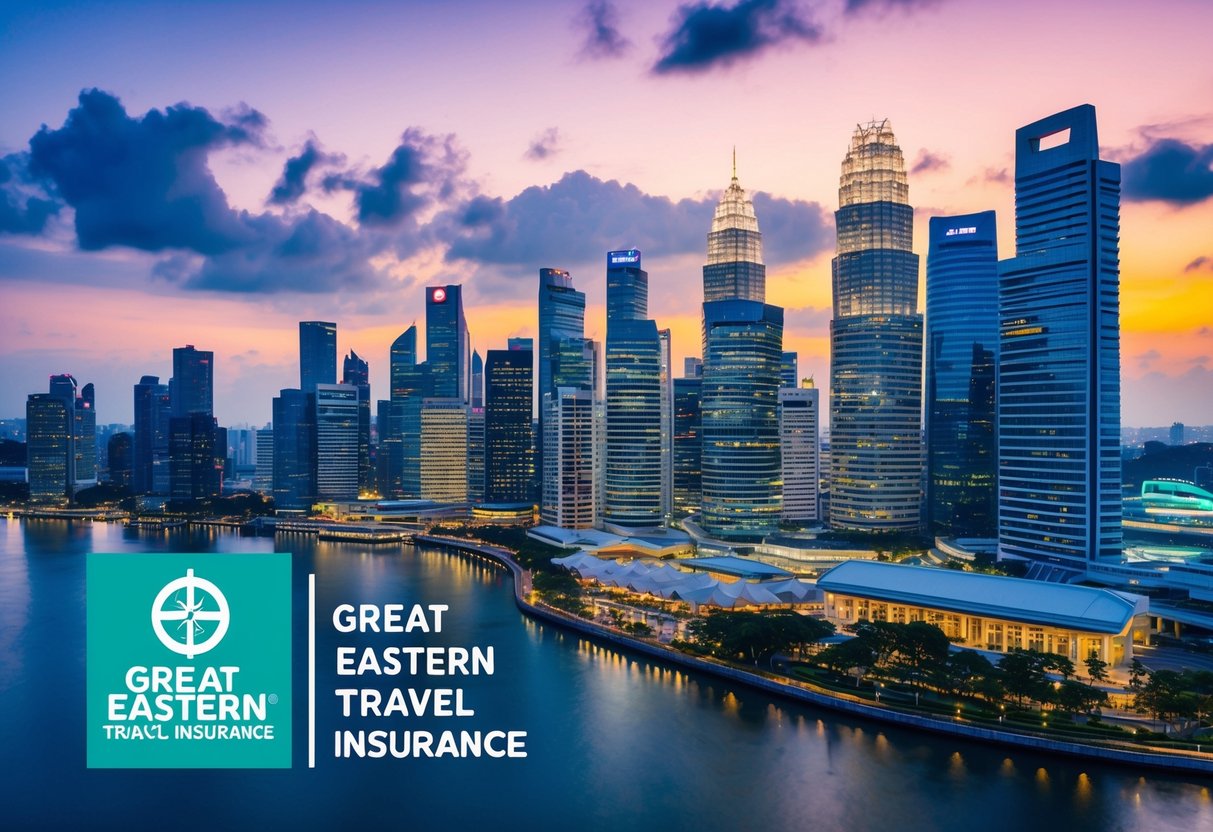 A vibrant cityscape of Singapore with iconic landmarks and symbols of travel, accompanied by the Great Eastern Travel Insurance logo