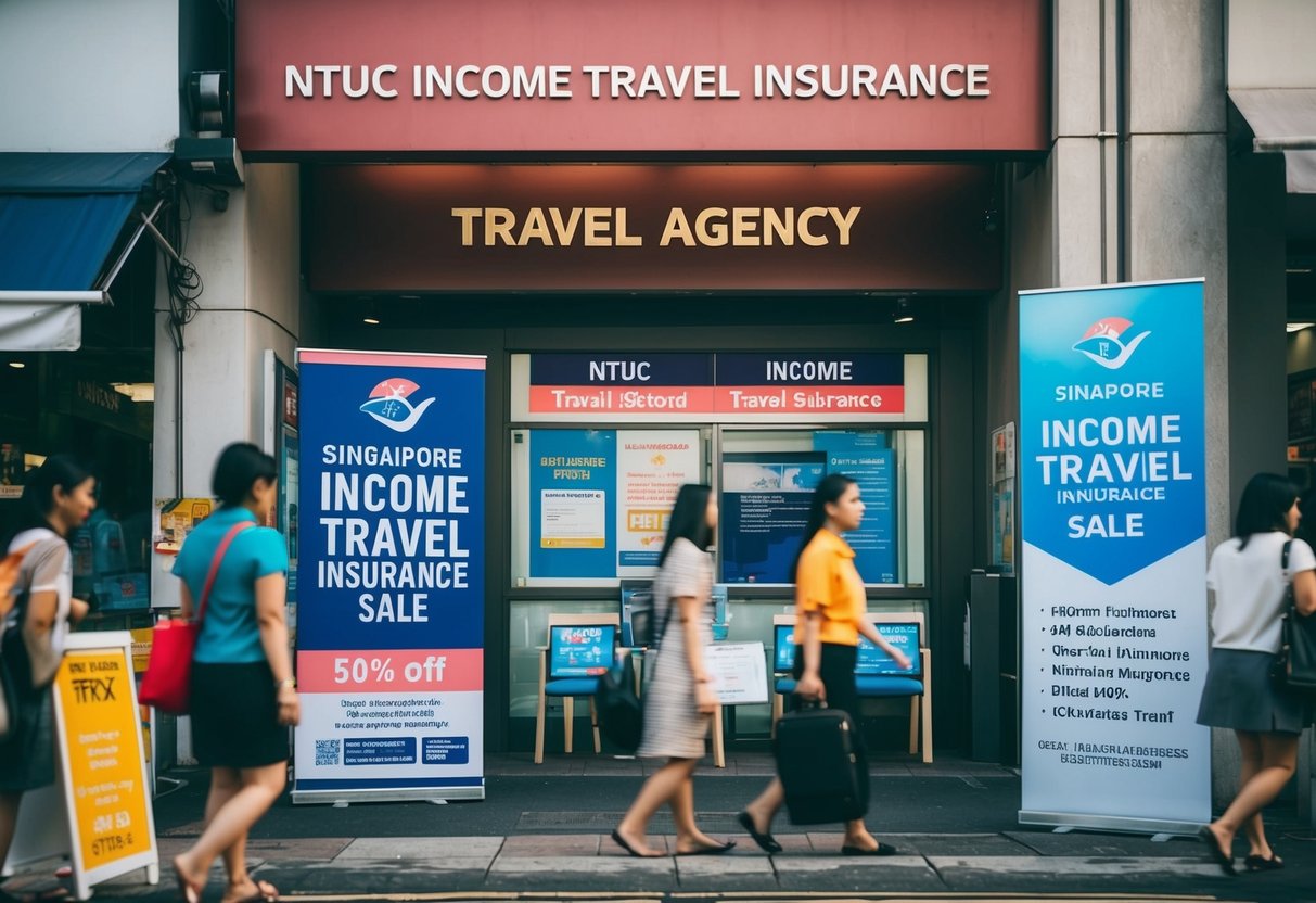 A bustling Singapore street with a prominent NTUC Income Travel Insurance Sale banner displayed outside a travel agency