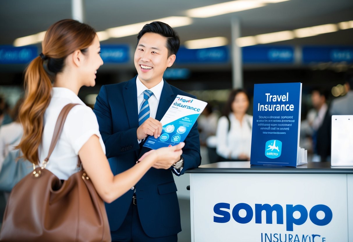A traveler at the airport, excitedly receiving a travel insurance brochure from a representative at the Sompo Insurance booth
