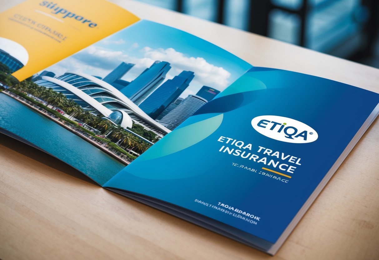 A colorful travel brochure with iconic Singapore landmarks and the Etiqa Travel Insurance logo displayed prominently