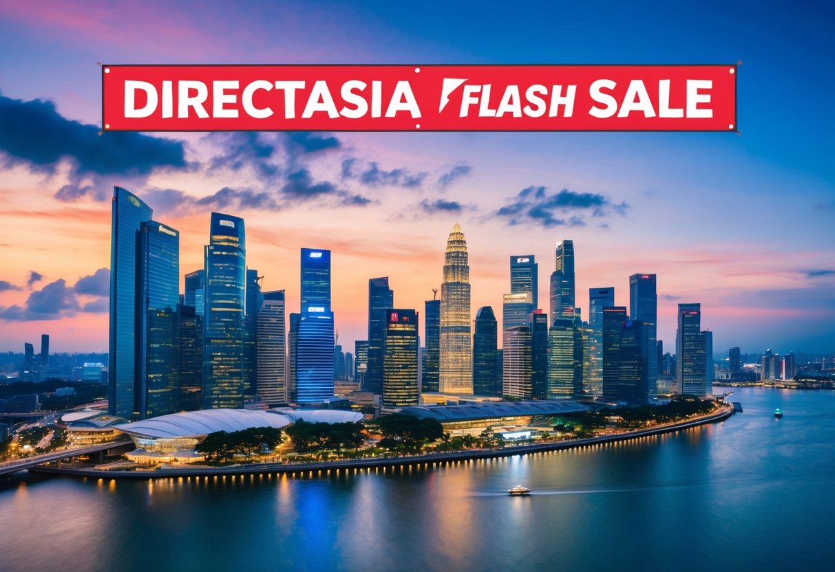 A vibrant Singapore skyline with iconic landmarks and a prominent "DirectAsia Flash Sale" banner