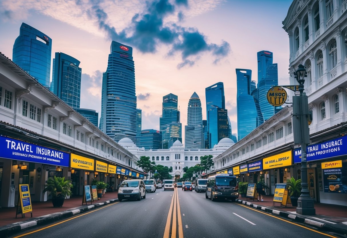 A bustling Singapore street with iconic landmarks and travel agencies advertising MSIG travel insurance promotions
