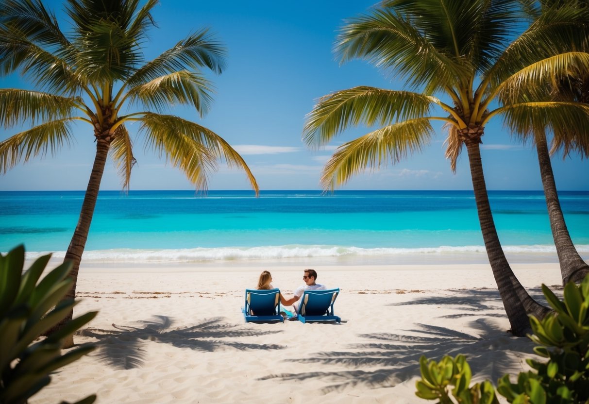 A sunny beach with palm trees, a clear blue ocean, and a couple enjoying a relaxing vacation