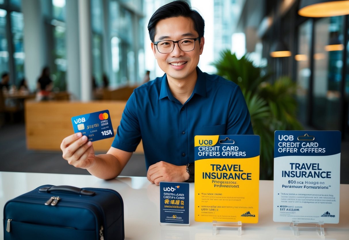 A traveler in Singapore receiving UOB credit card offers while browsing through travel insurance promotions