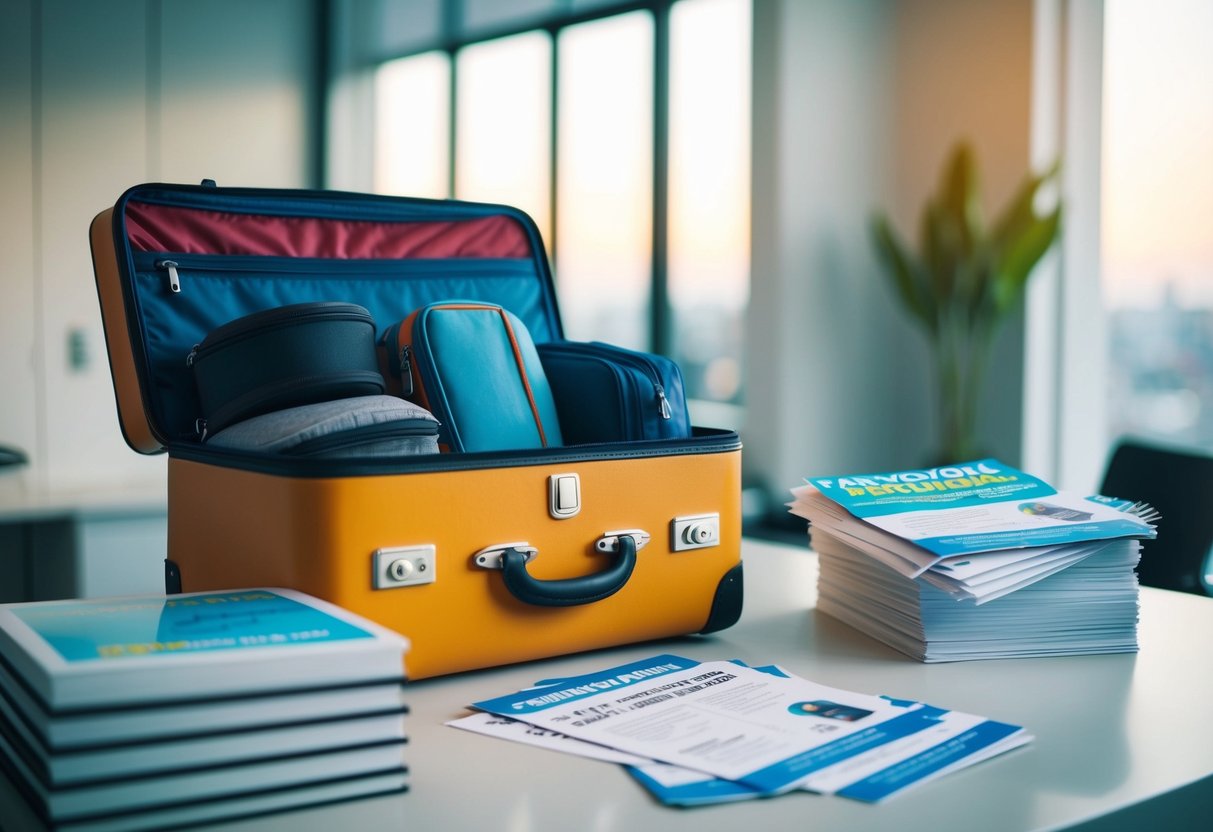 A suitcase overflowing with travel essentials and a stack of promotional flyers on a desk