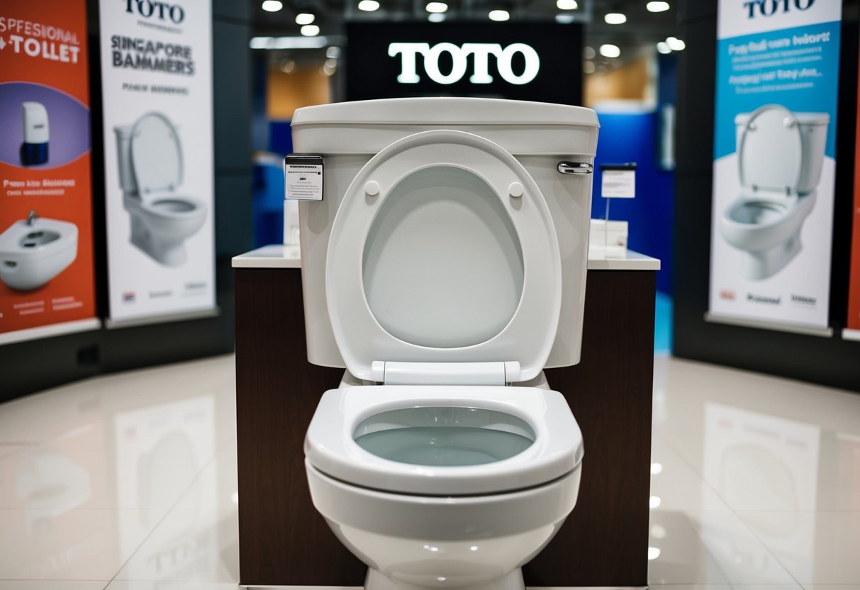 A toto toilet bowl surrounded by promotional banners in a Singapore showroom
