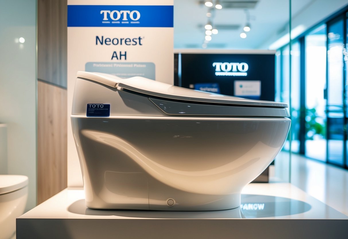 A sleek Toto Neorest AH toilet bowl displayed with promotional signage in a modern Singapore bathroom showroom