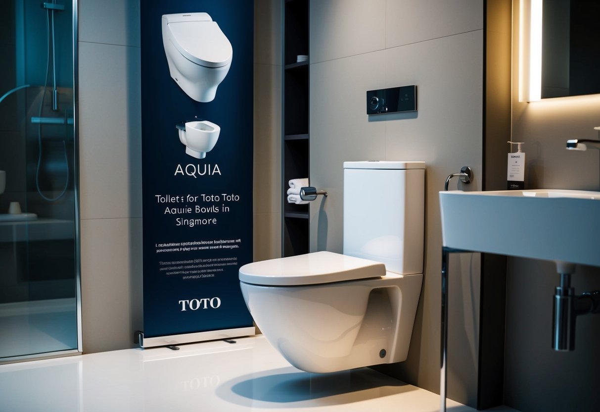 A sleek Toto Aquia Wall-Hung Toilet sits in a modern bathroom, surrounded by contemporary fixtures. A promotional banner for Toto toilet bowls hangs nearby in Singapore