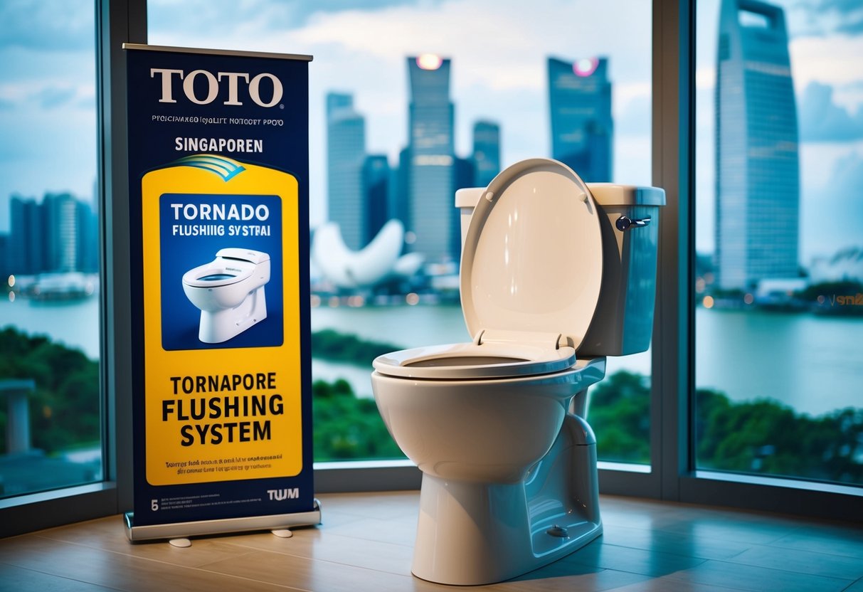 A Toto toilet bowl with Tornado Flushing System being promoted in a Singaporean setting