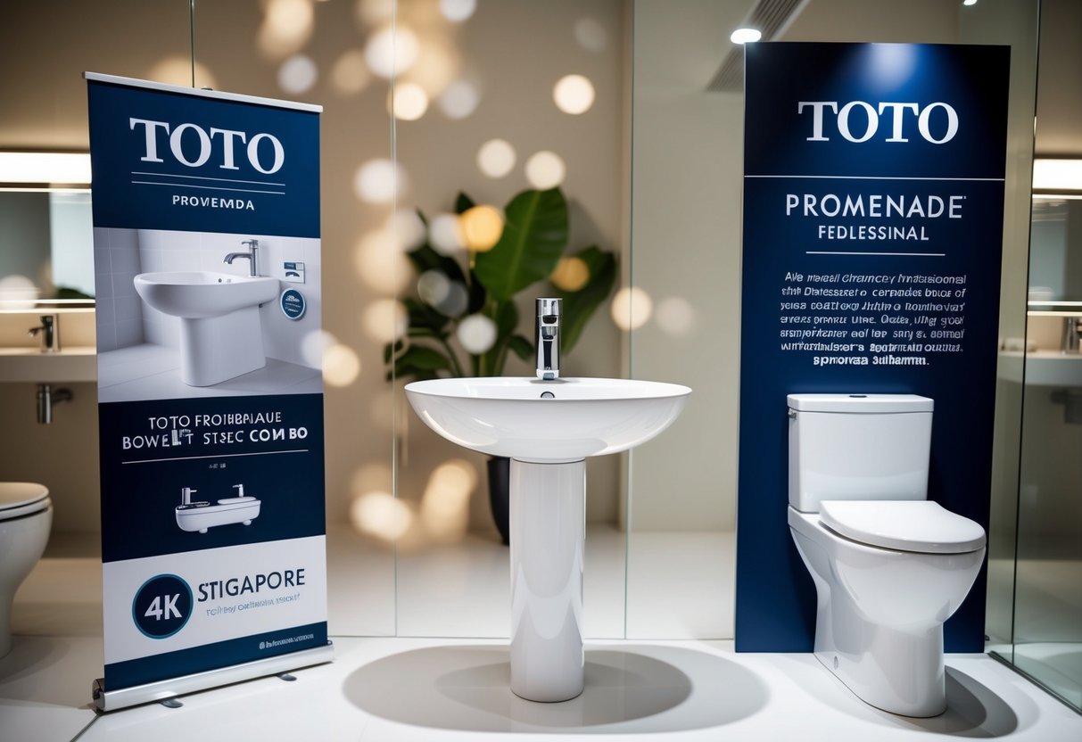 A modern bathroom showroom display featuring a Toto Promenade pedestal sink combo and Toto toilet bowl, with promotional signage for the Singapore market