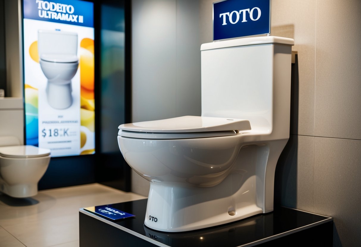 A modern Toto UltraMax II toilet bowl displayed with promotional signage in a Singaporean bathroom showroom