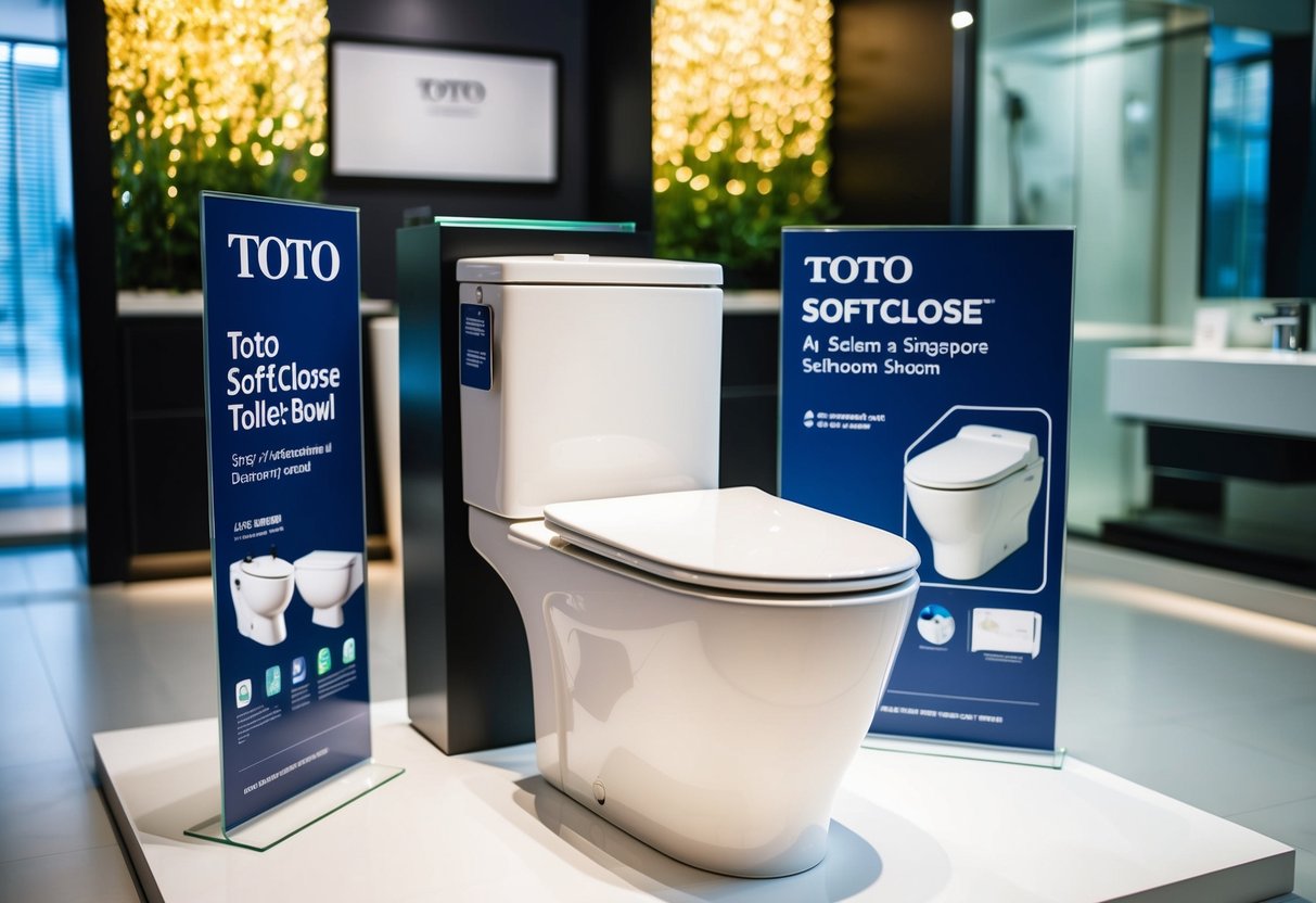 A sleek Toto SoftClose toilet bowl on display with promotional signs in a modern Singapore bathroom showroom