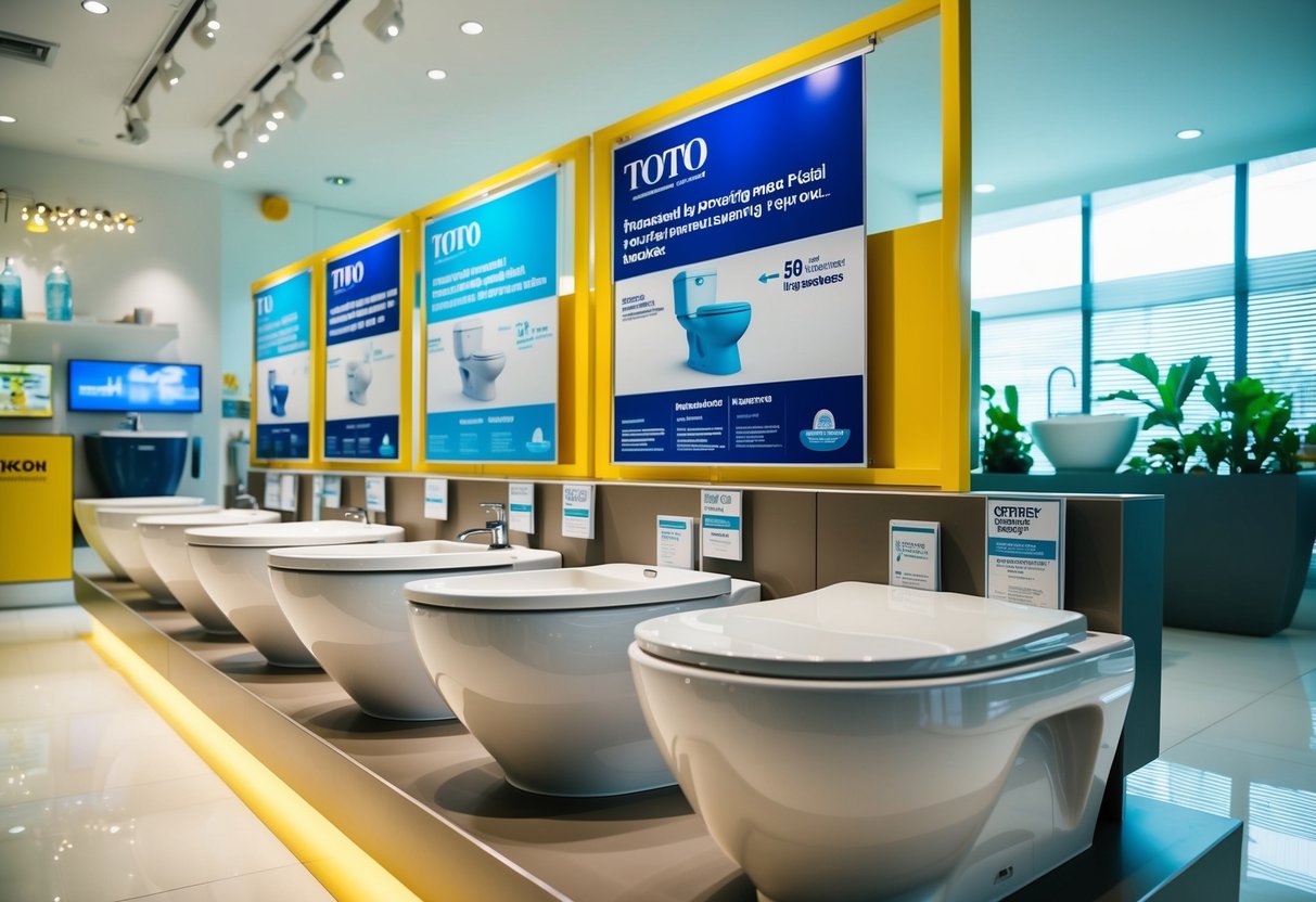 A colorful display of Toto toilet bowls with promotional signs in a bright, modern bathroom showroom in Singapore