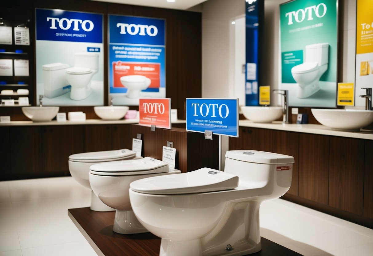 A colorful display of Toto toilet bowls with promotional signs in a Singaporean bathroom showroom