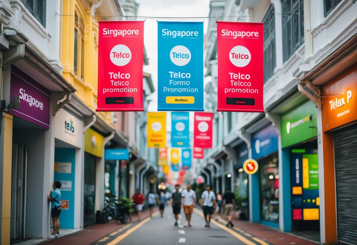 A bustling Singapore street with colorful telco promotion banners hanging from storefronts