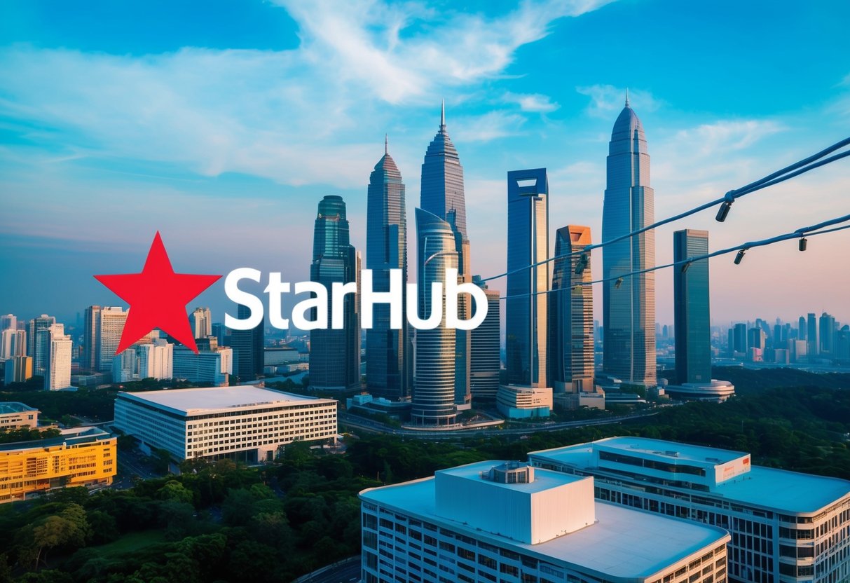 A colorful city skyline with a prominent StarHub logo and fiber optic cables connecting to various buildings